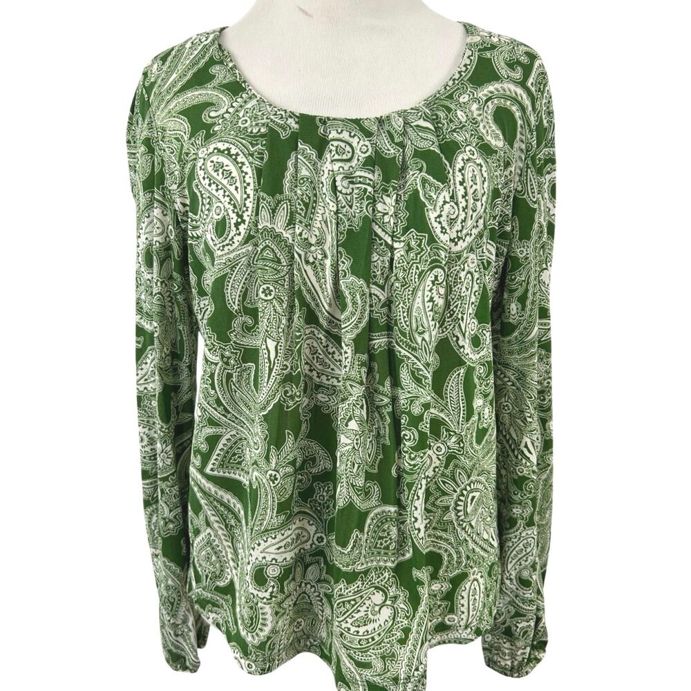 Jones New York Petite PS Green Paisley Mesh Top Boho Long Sleeve